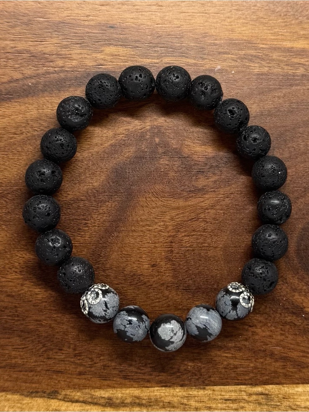 ✨ Handmade Snowflake Jasper & Lava Stone Stretch Bracelet ✨
